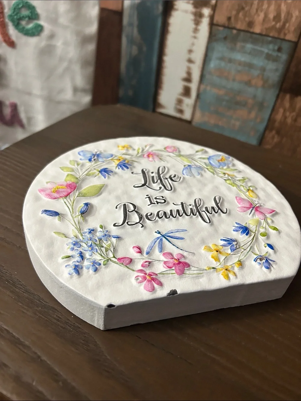 Life Is Beautiful Floral Round yard Plaque - Pastel Colors